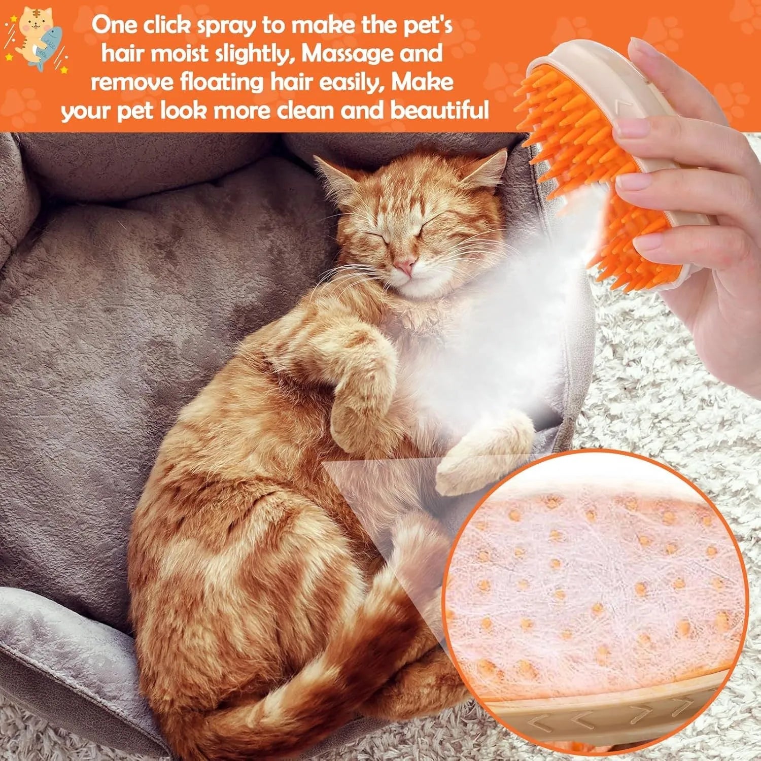 Yellow 4-in-1 cat steam brush with silicone teeth and ringworm detector for pet grooming
