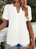 White V-neck T-shirt with hollow out detailing in loose French style design
