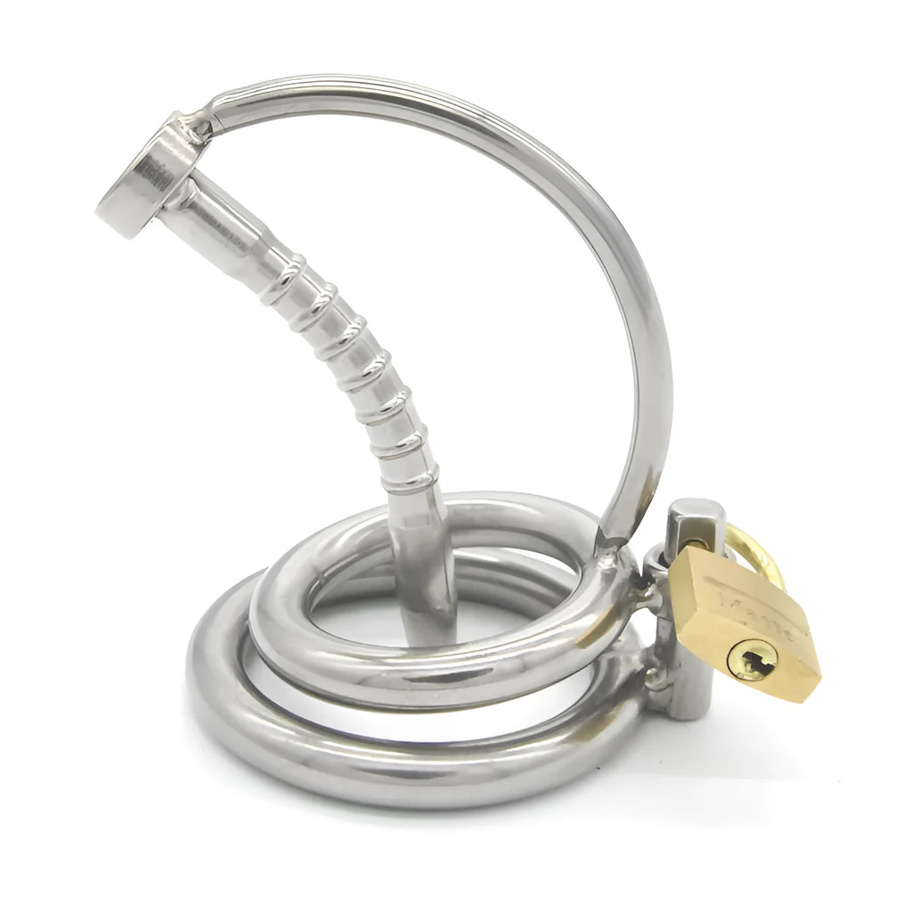 Stainless steel male chastity device CB6000 with urinary catheter, three ring sizes 40mm 45mm 50mm