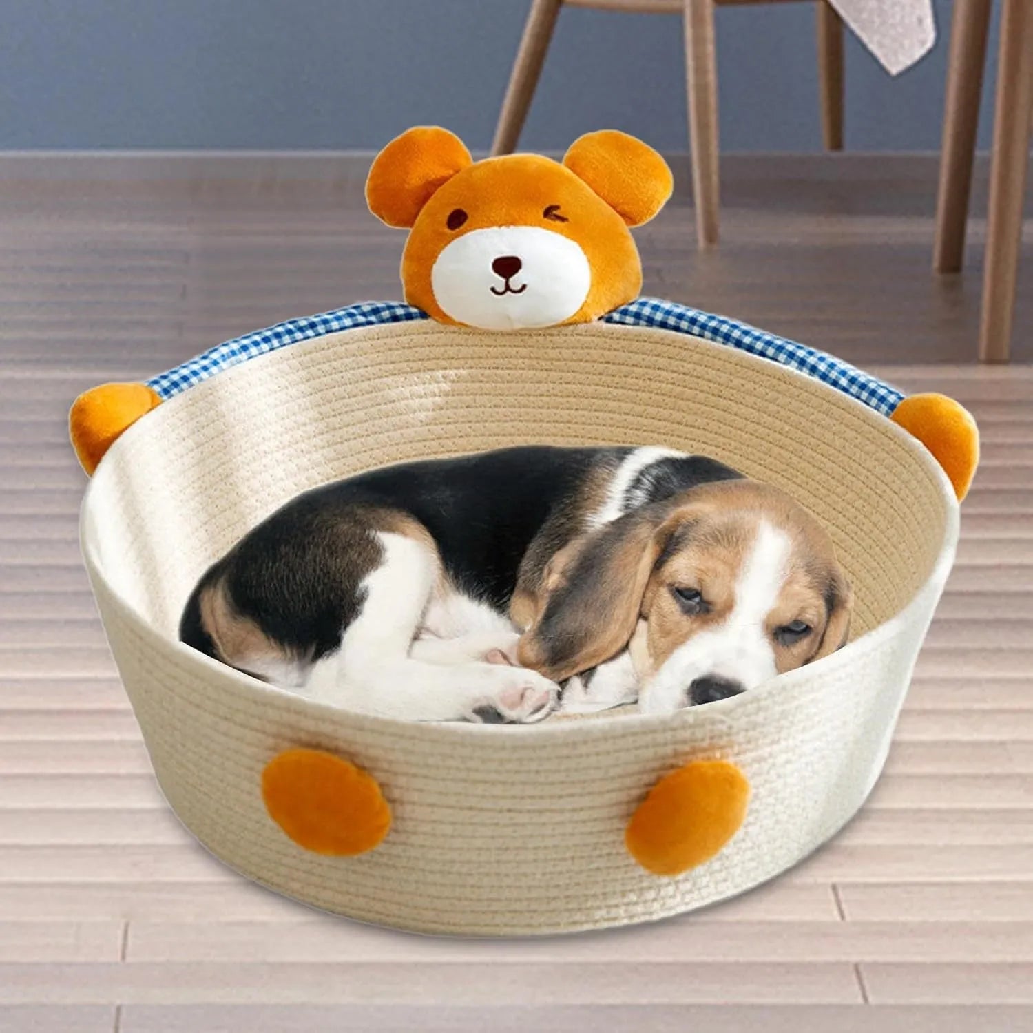 Cotton rope woven basket cat bed with integrated scratching surface, shown in bear design.