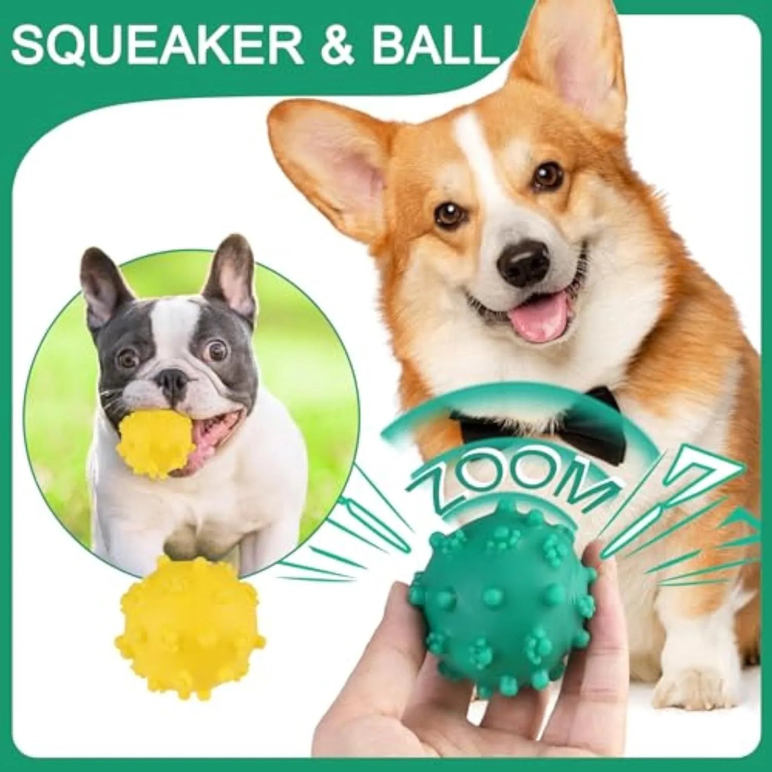 A bright blue spiky dog toy ball with a dimpled texture, shown next to a measuring tape indicating its 2-inch diameter.
