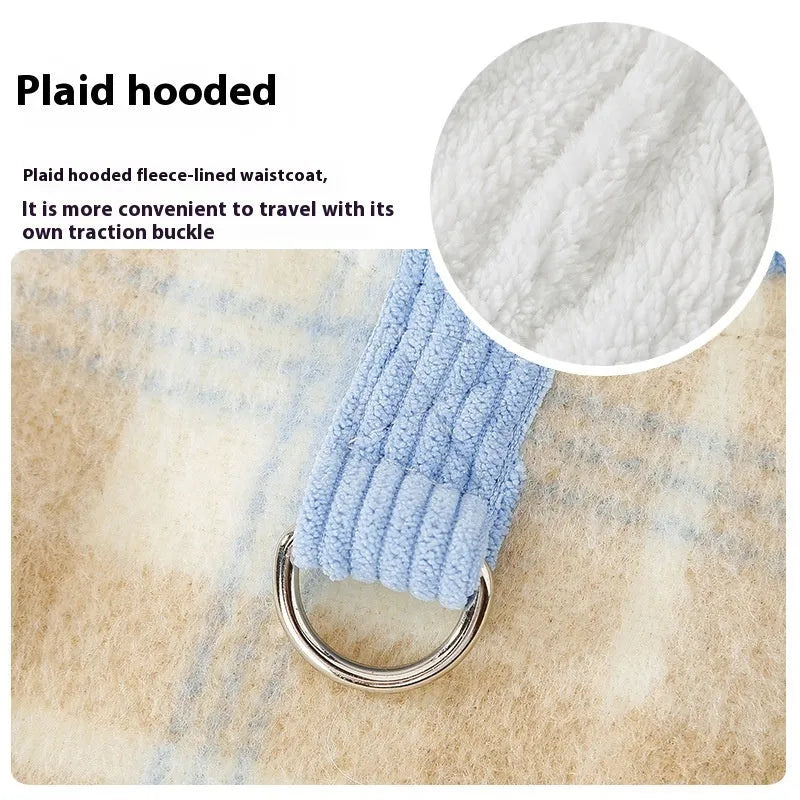 Corduroy chessboard grid hooded traction vest for dogs in blue or yellow with hooded design
