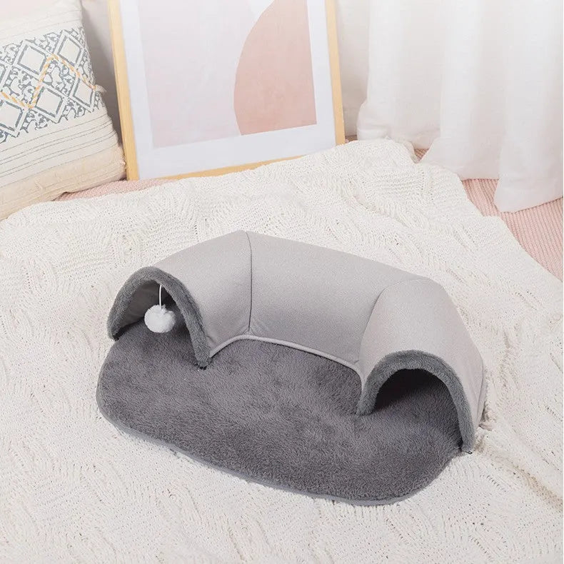 Oval cat tunnel nest in artificial leather and cotton velvet, small size 65x49x17cm