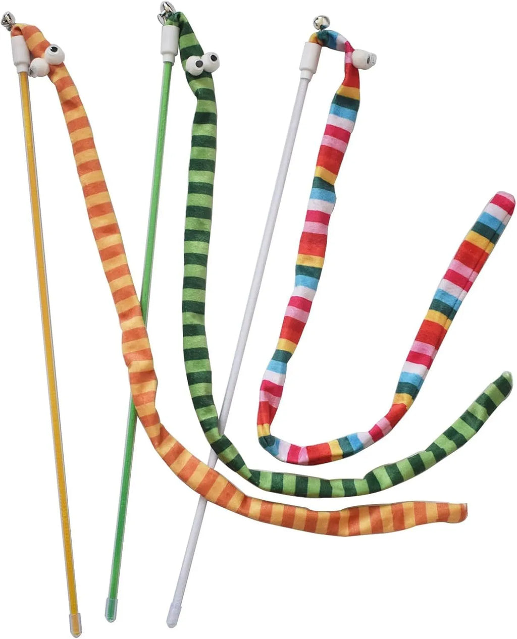 Long cat wand toy with a colourful plush strip and bell for interactive play with cats