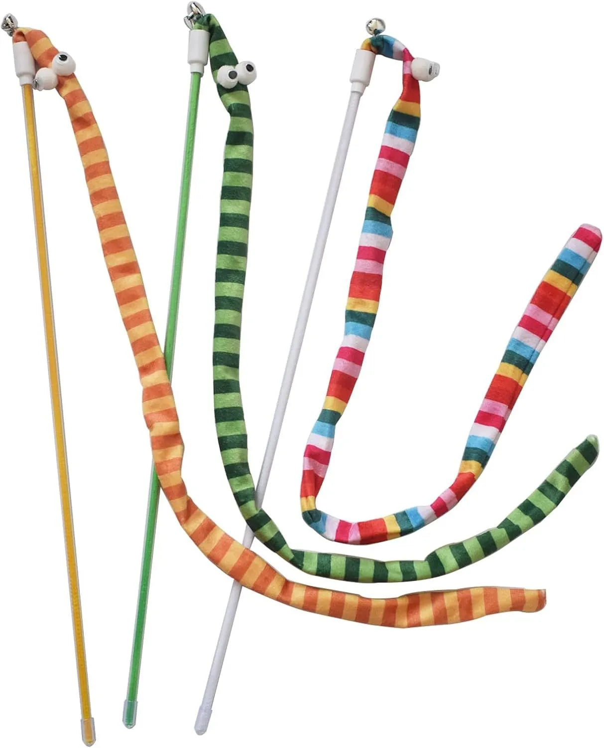 Long cat wand toy with a colourful plush strip and bell for interactive play with cats