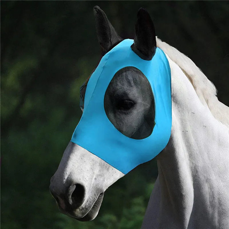 Lycra horse fly mask with ears in a check pattern, available in black blue grey purple rose red, for trail and pasture use.