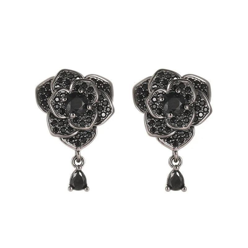 Black rose zircon flower stud earrings with 18K gold-plated copper setting