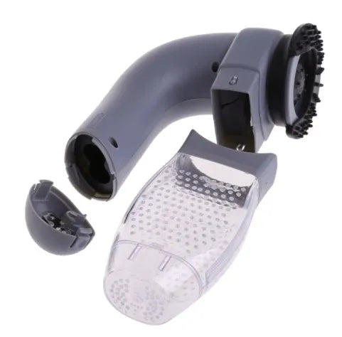 Grey portable electric pet hair vacuum cleaner with soft rubber brush head.