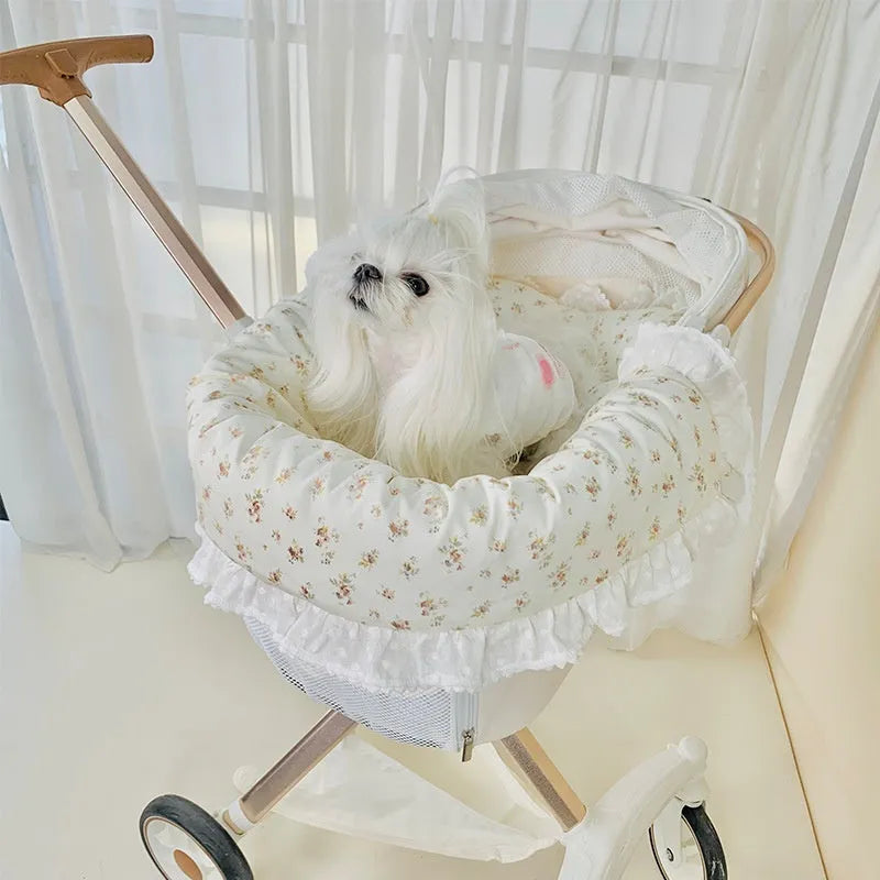 Pure cotton pet stroller three-piece set showing anti-dirty towel, cushion, and pillow in blue green apple pattern