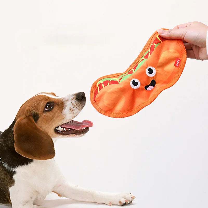Colourful hamburger, fries, hot dog, and pizza shaped crinkle and squeaky dog toys
