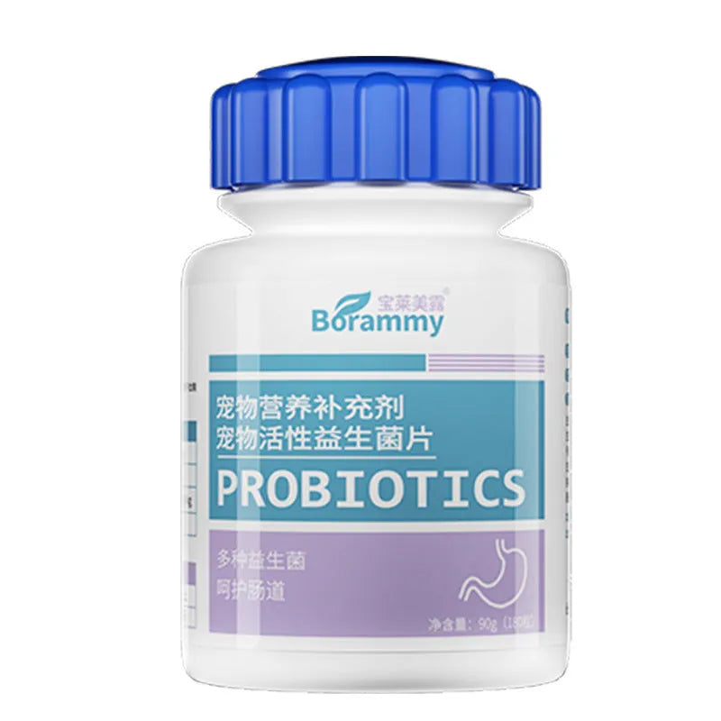 Bottle of 180 pet probiotic tablets for digestive support in cats and dogs