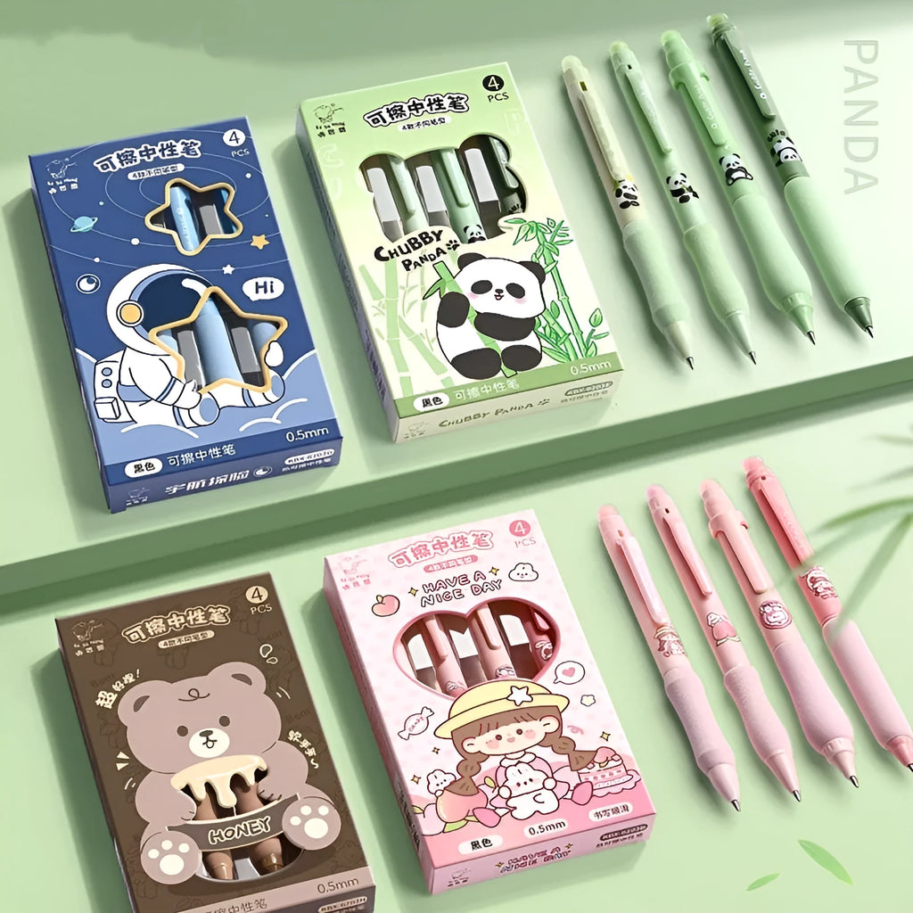 Erasable gel pen with cartoon design and 0.5mm tip in colour options like black and crystal blue.