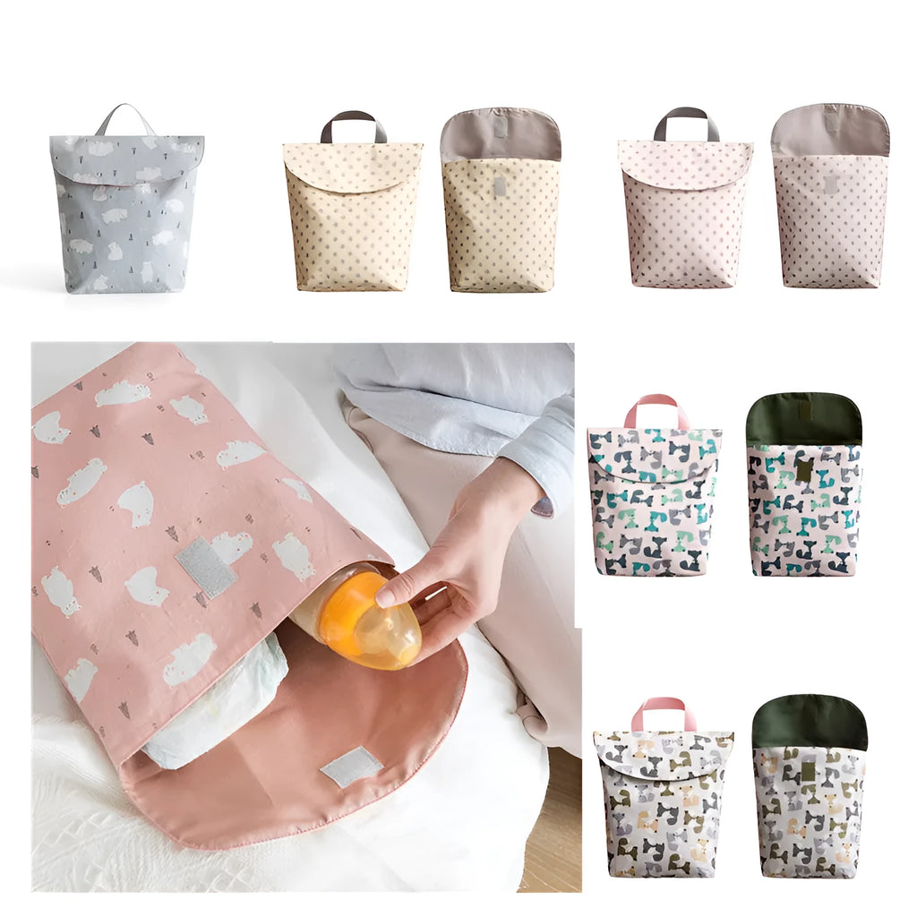 Baby diaper storage bag in polyester large capacity grey little fox design size L 28.5x27.5cm