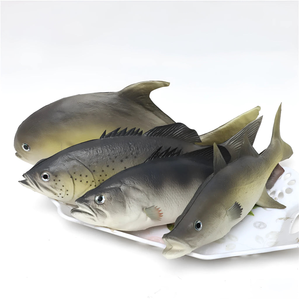 Three PU simulated tuna fish ornaments including yellow-fin tuna and small tuna varieties