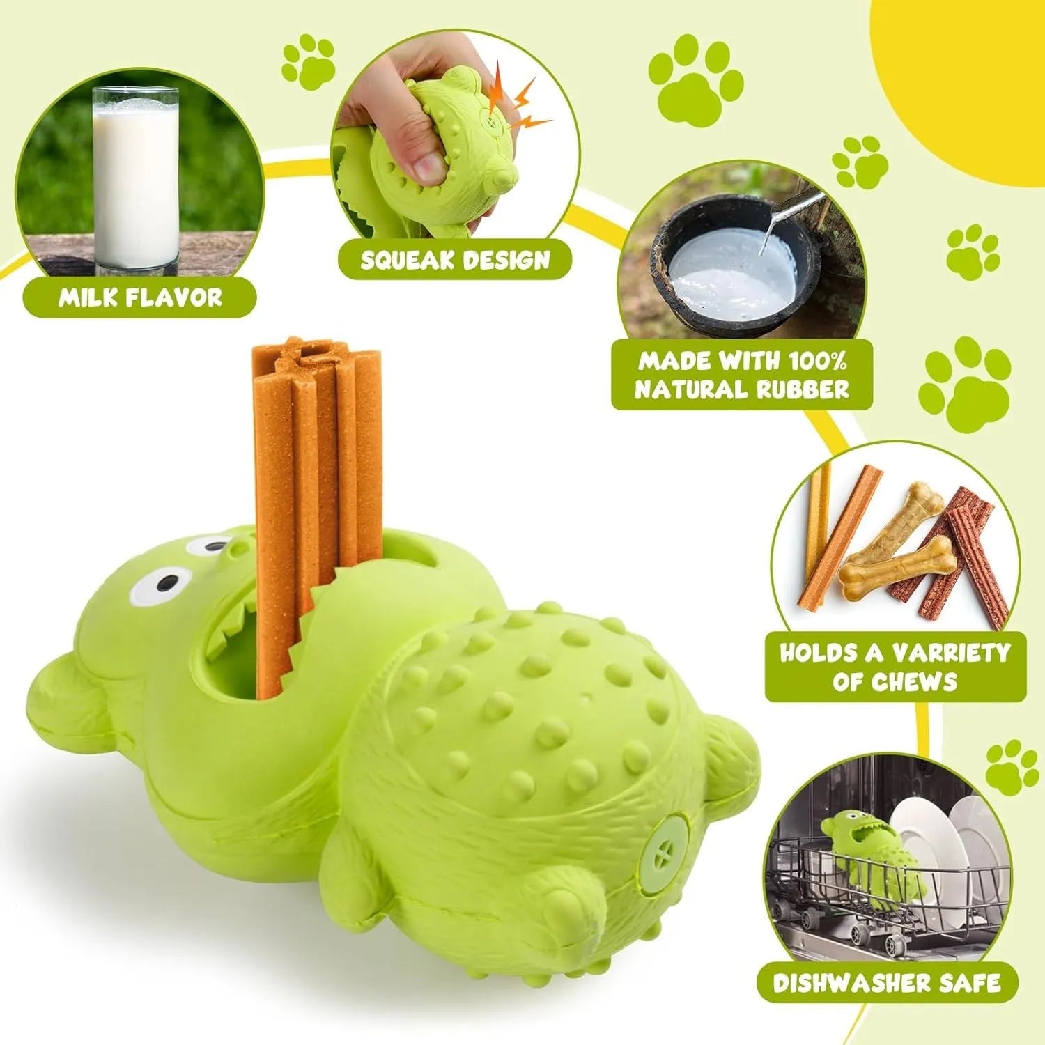 Green and yellow natural rubber squeaky dog toy for aggressive chewers