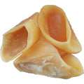Natural cowhide dog chew with hoof shell attached, showing small and large size options