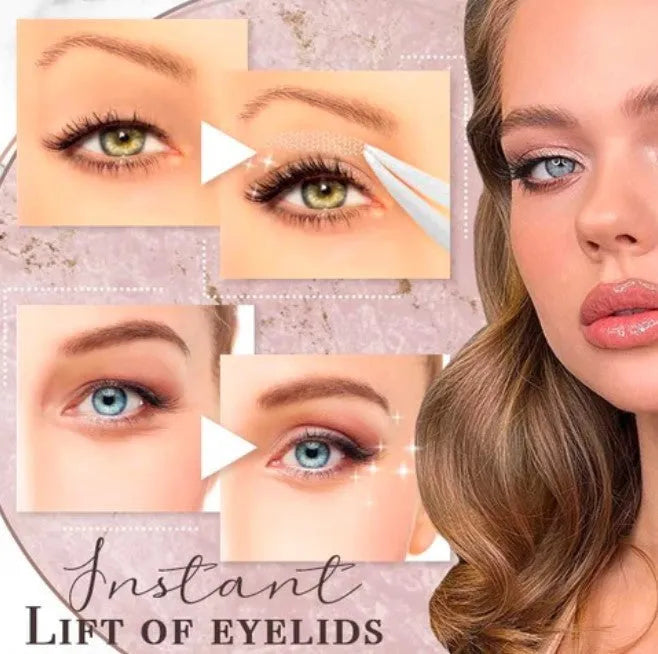 Box of no-glue eyelid stickers in three sizes L, M, and S made from non-woven fabric.