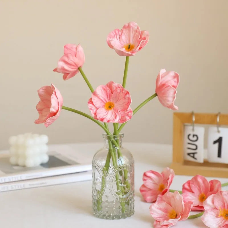Fifteen artificial poppy flowers in bright red, dark purple, deep pink, orange, white, yellow made from PU material for wedding and home decor