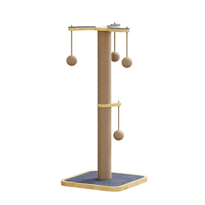 Simple cat climbing frame with windmill design and hanging ball toy on carpet leather surface