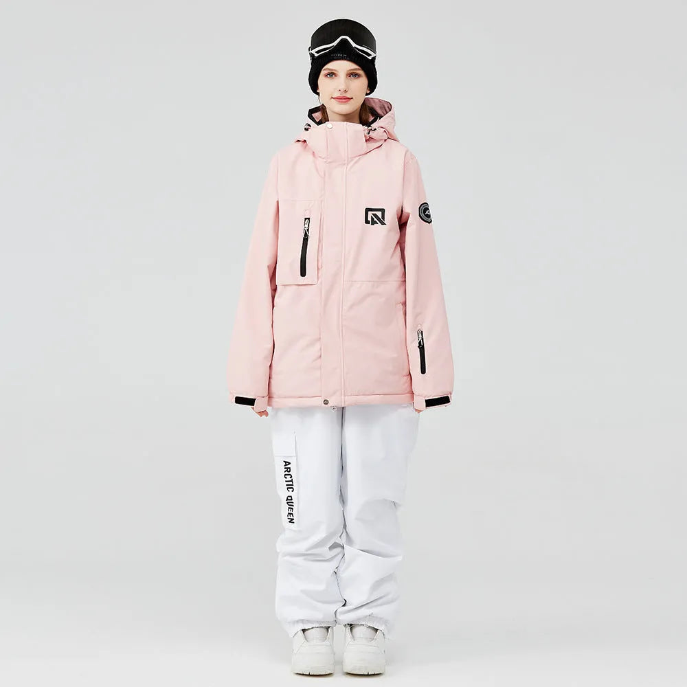Unisex winter ski suit with veneer double board construction in blue, green, pink, or white colour combinations