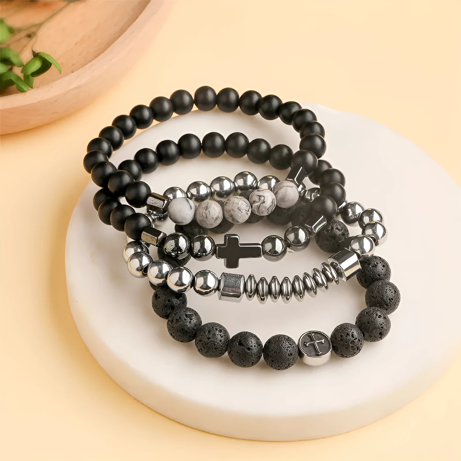 Geometric stainless steel bracelet with 10mm polished volcano agate stones
