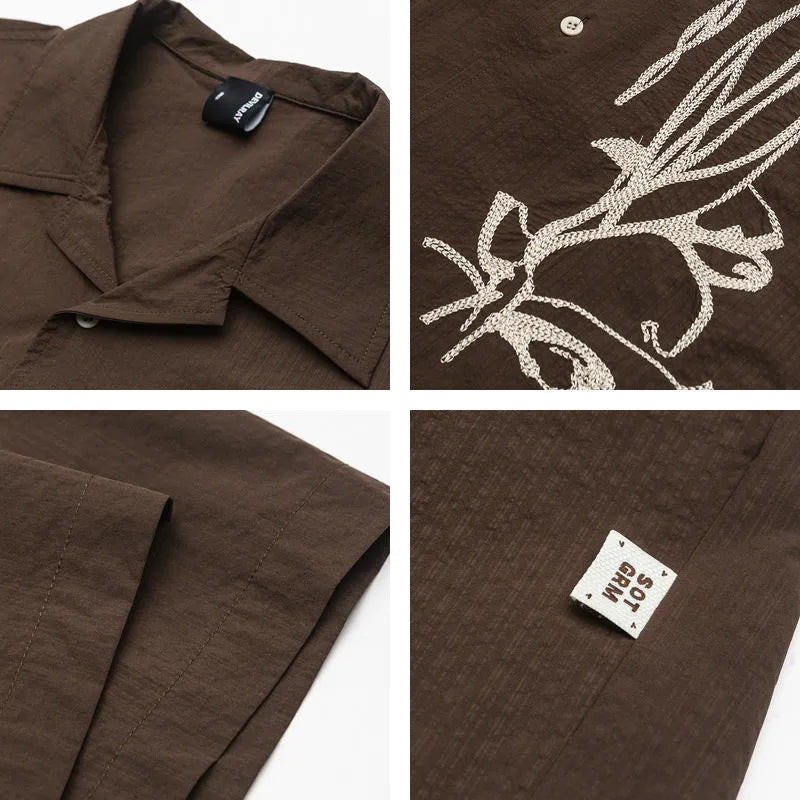 Men's brown striped Cuban collar short sleeve shirt for outdoor camping.