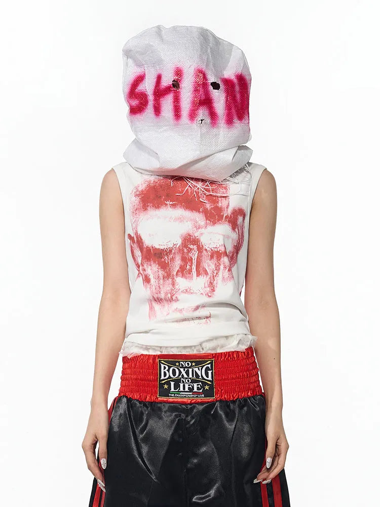 Black slim-fit sleeveless t-shirt with half-turtleneck collar and a printed character design on the front.