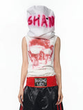 Black slim-fit sleeveless t-shirt with half-turtleneck collar and a printed character design on the front.