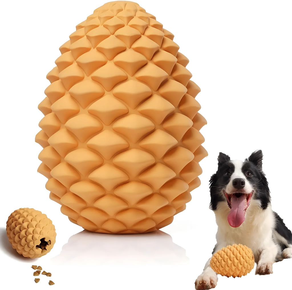 Yellow pine cone shaped dog chew toy with natural rubber construction and treat dispensing feature