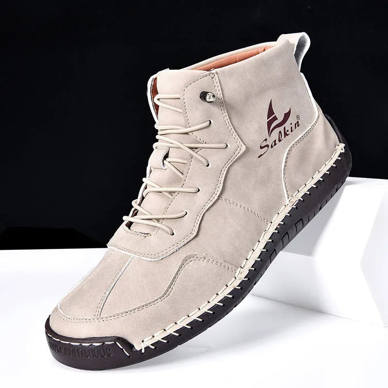 Retro-style men's high-top casual boots with elastic bands and flat rubber soles in frosted artificial PU leather