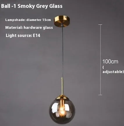 Modern Nordic style ceiling chandelier with spherical glass shades in clear, amber and grey.