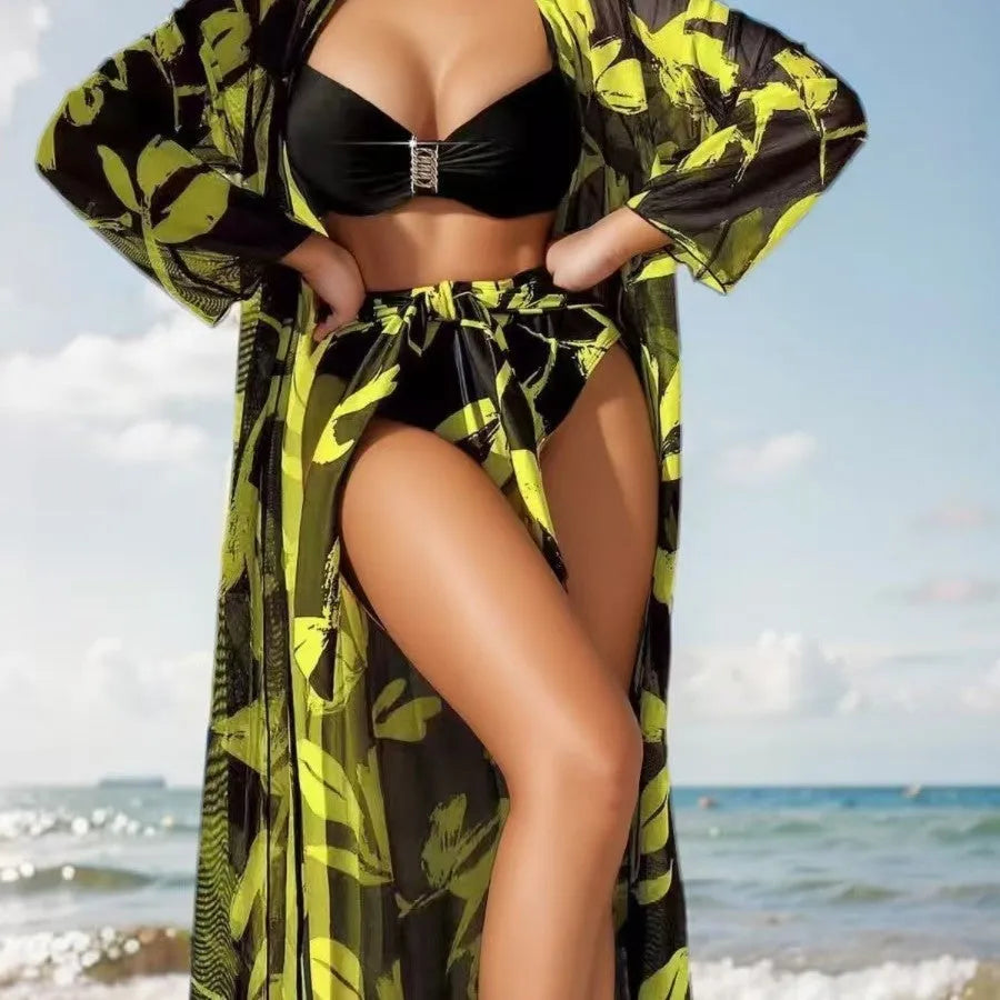 Three-piece women's printed polyester high-waist split bikini set in multiple colours for swimming