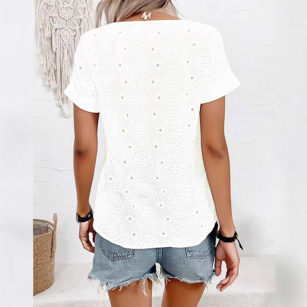 White V-neck T-shirt with hollow out detailing in loose French style design