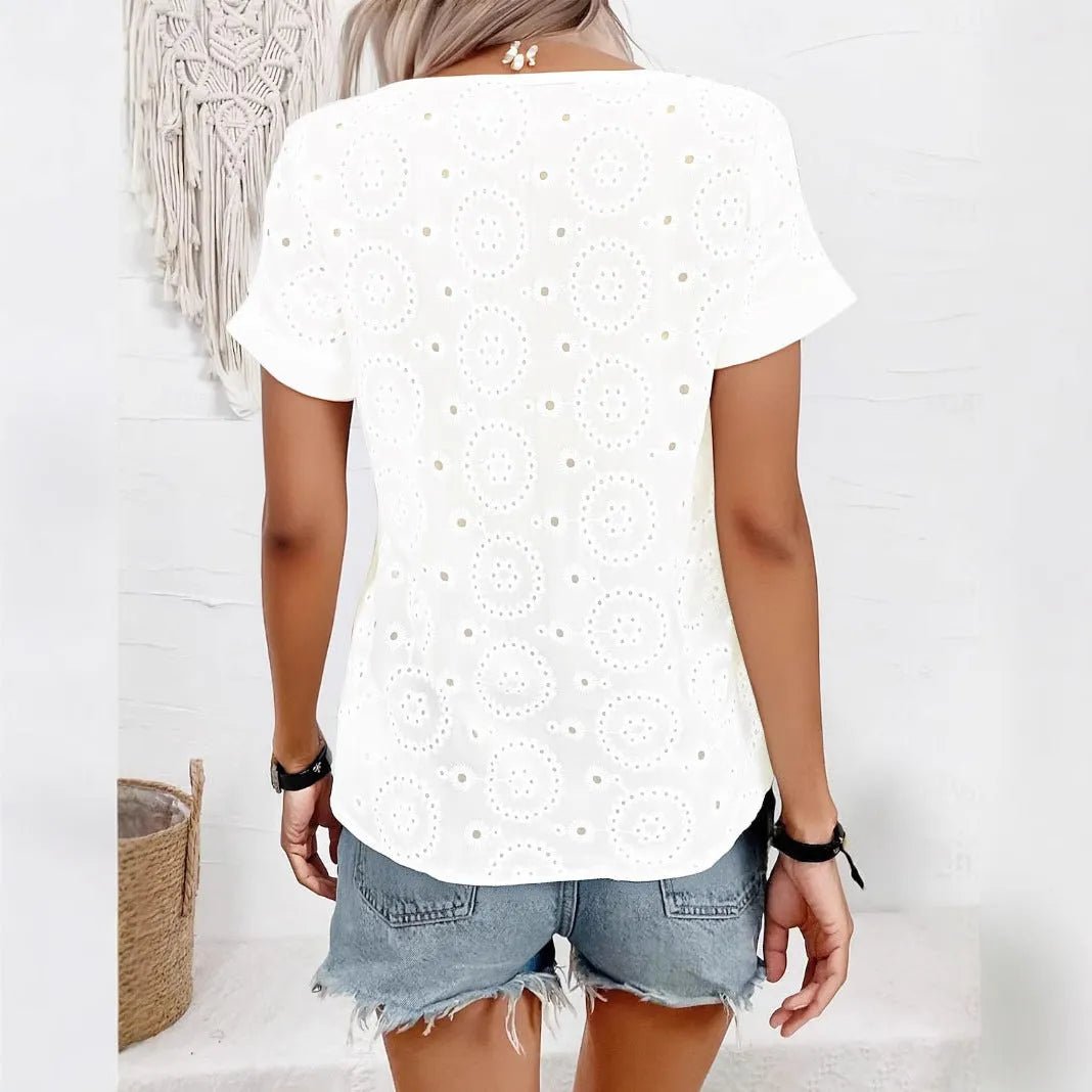 White V-neck T-shirt with hollow out detailing in loose French style design