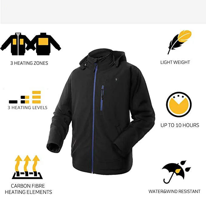 Black men's USB heated waterproof windproof winter coat with zipper pockets and long sleeves