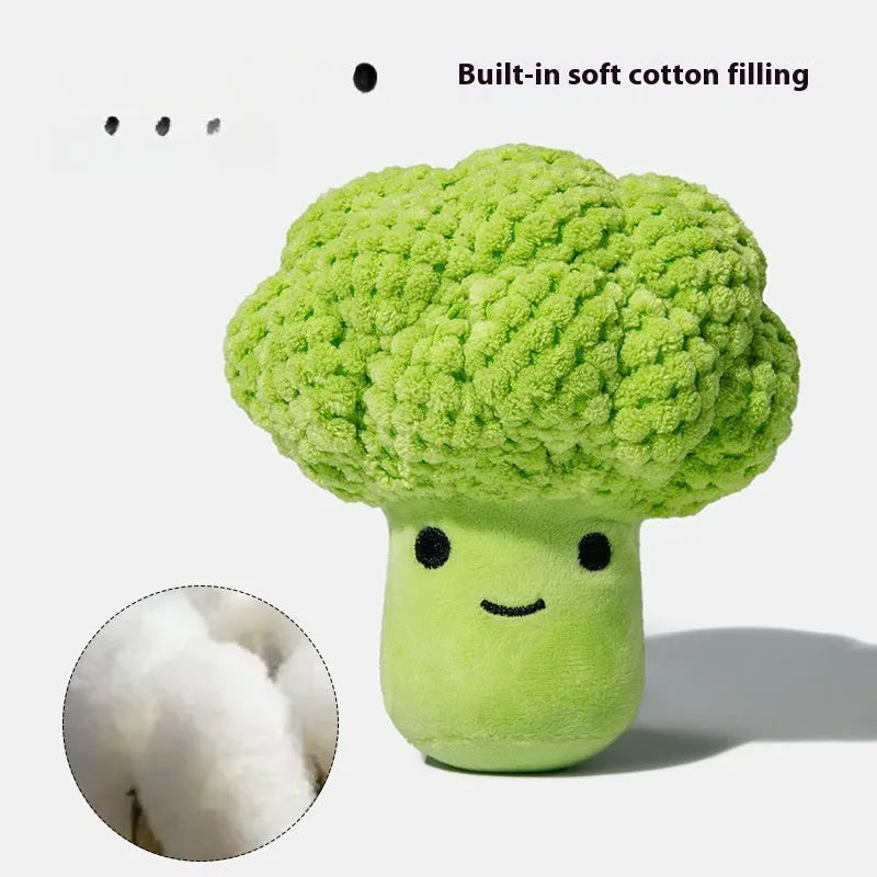 Broccoli-shaped plush dog toy with squeaker for molar teeth cleaning, soft plastic and fabric construction