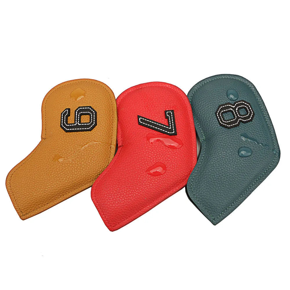 Set of 10 minimalist digital print golf club head covers in various colours made from PU material
