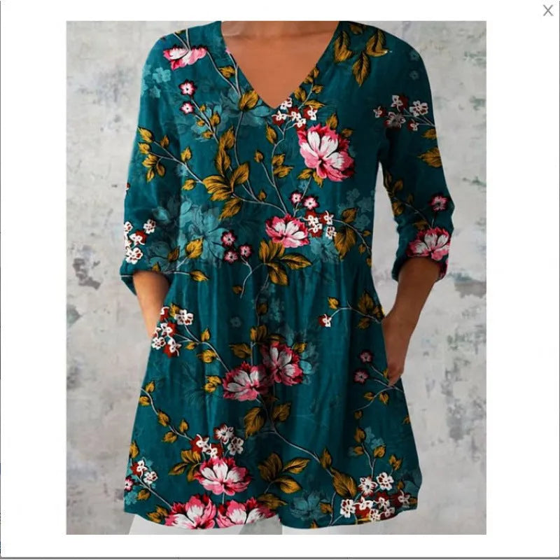 Women's printed loose dress with wave pattern, wide waist, and 3/4 sleeves in polyester fabric