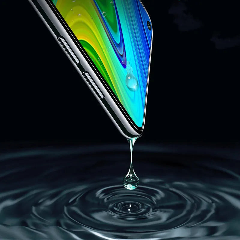A full-screen tempered glass screen protector for Xiaomi smartphones, shown with anti-scratch and anti-fingerprint features.