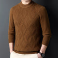 Men's diamond jacquard knit winter sweater in wool polyester blend, showing texture and pullover style