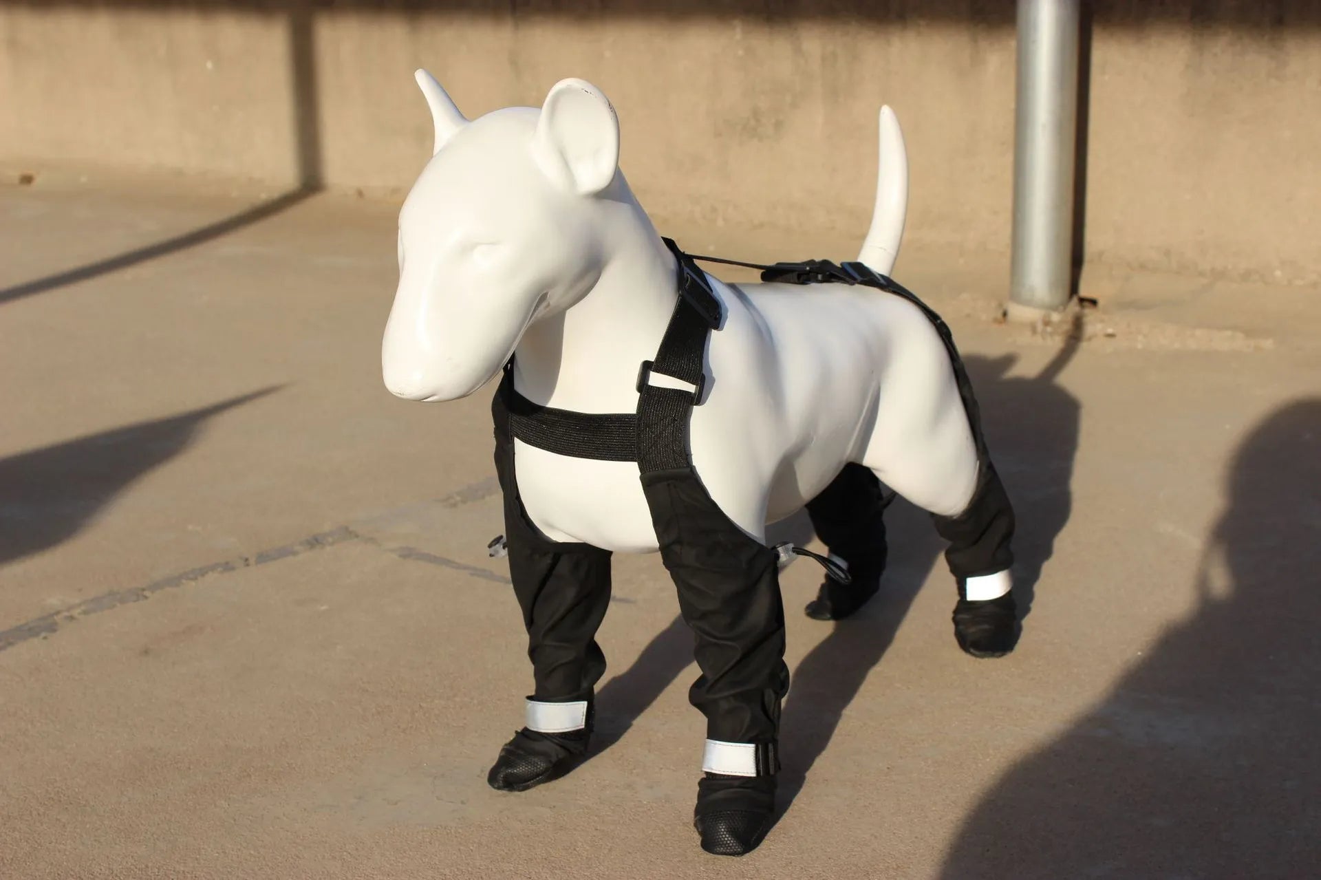 Black waterproof dog shoes with adjustable straps on a dog's paw.