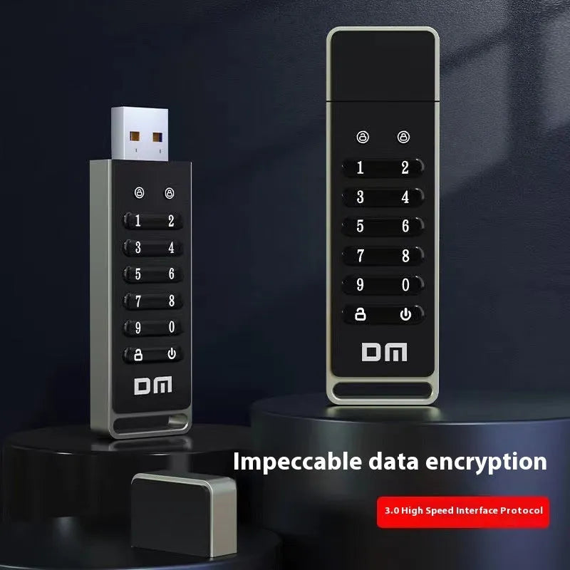 64GB metal USB flash drive with fingerprint sensor for biometric security and password protection.