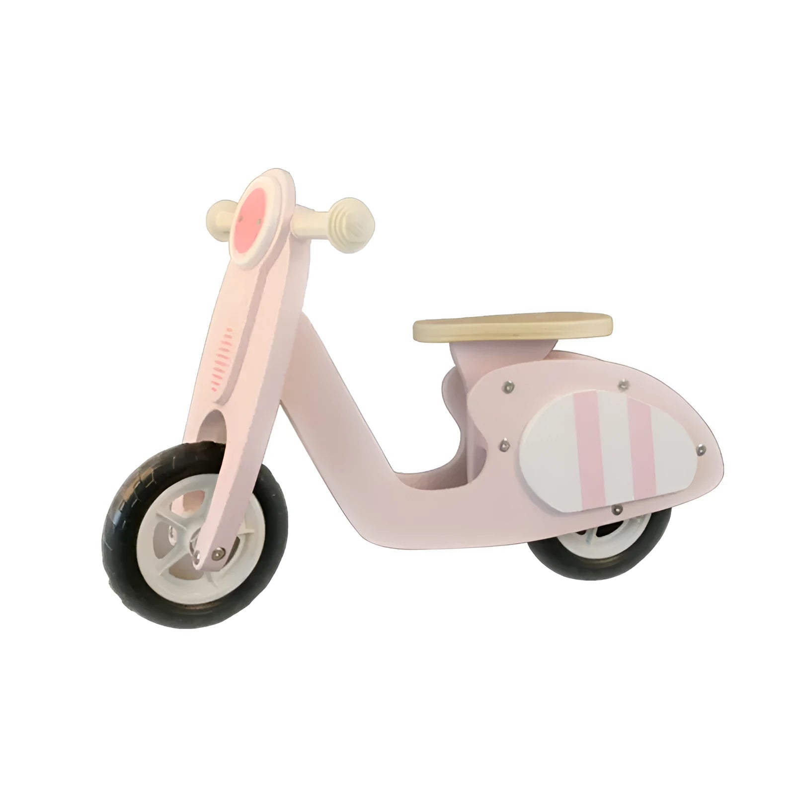 Pink wooden toddler balance scooter on a 10-inch wooden frame for children aged 1-6.