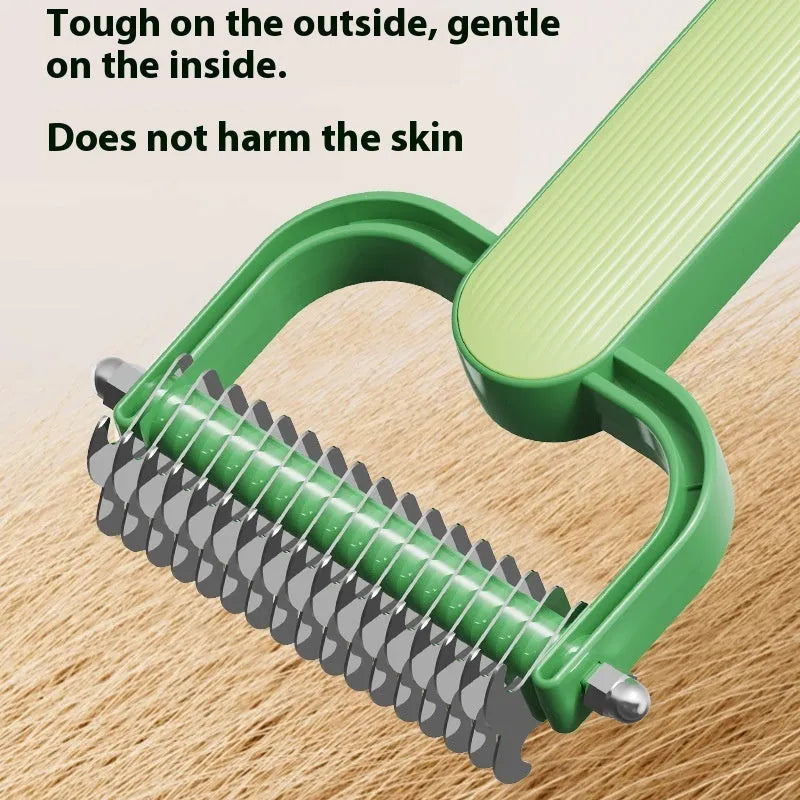 Green or grey dog grooming comb with stainless steel teeth for unknotting pet hair