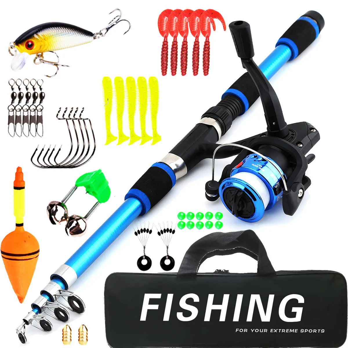 Children's fishing rod and reel starter set in multiple colour options with telescopic pole