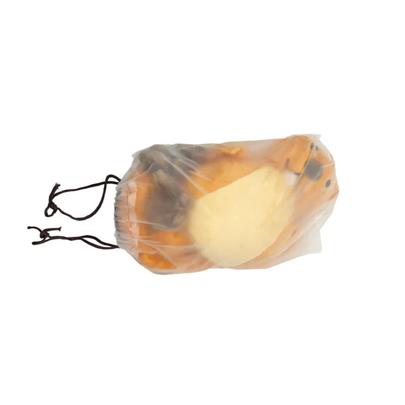 Orange soft plush dog toy with noise-maker for tug-of-war and chewing play