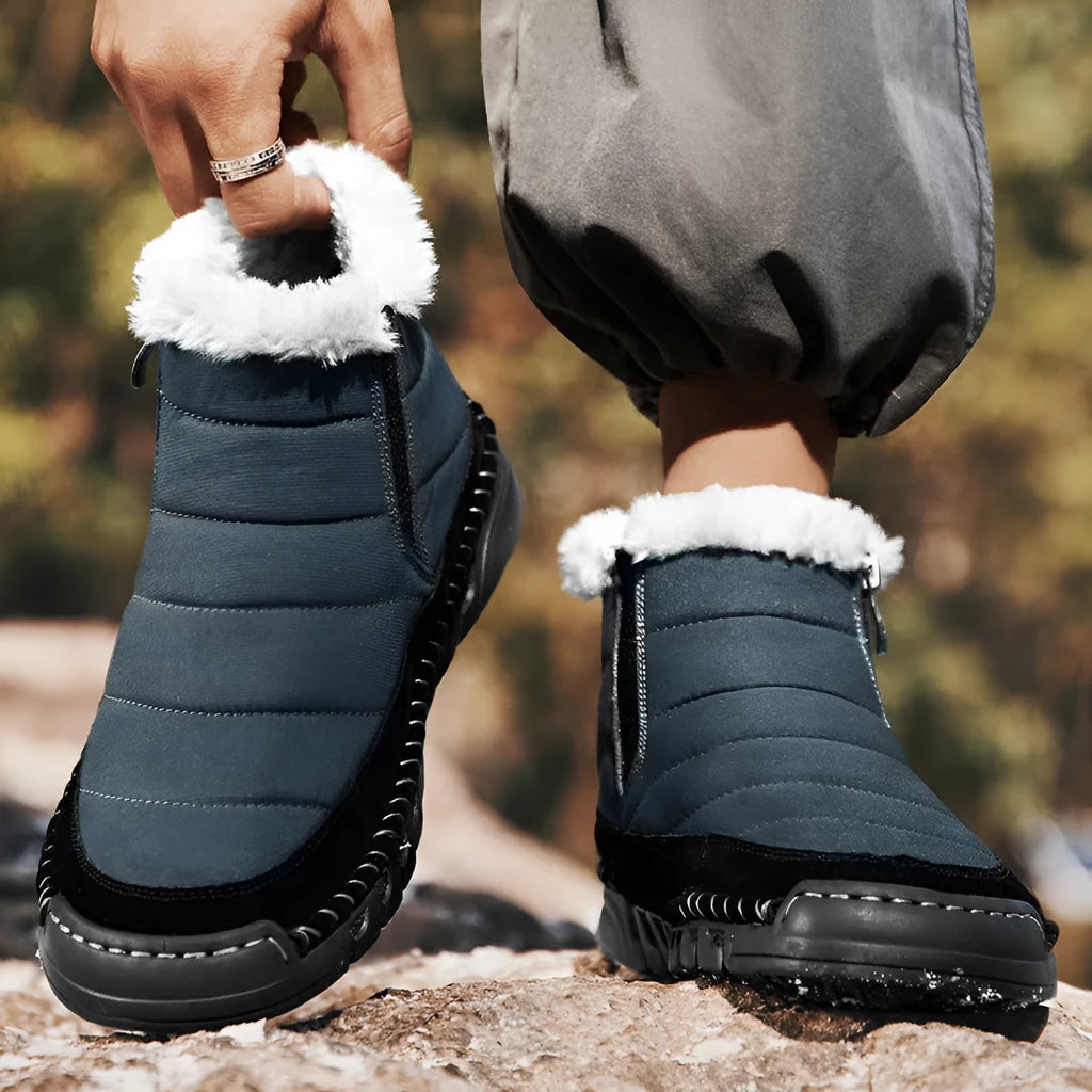 Men's plus size British-style snow boots in black with a cotton upper and flat rubber sole.