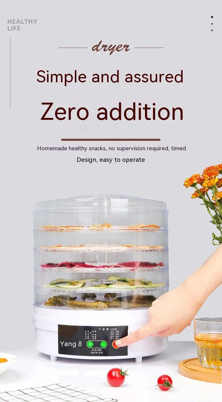 Five-layer household food dehydrator with UK plug on kitchen countertop