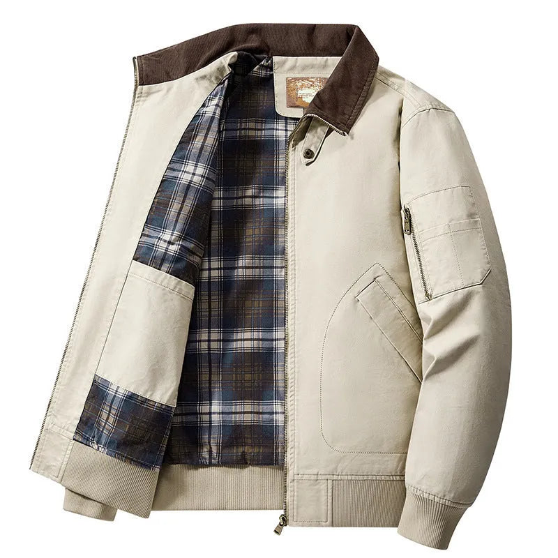 Men's washed cotton baseball style flight jacket in army green
