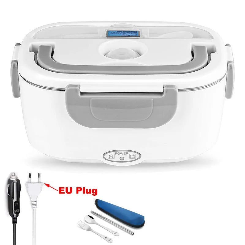 Grey dual-purpose electric lunch box for car and home use with removable food tank